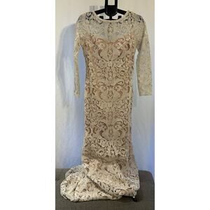 Tadashi Shoji Women's Ivory Applique Illusion Long Sleeve Wedding Dress SZ 8
